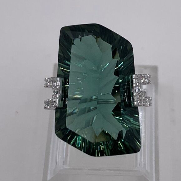 Ring solid 925 sterling silver, natural green amethyst, clear gem accent… - Picture 1 of 14